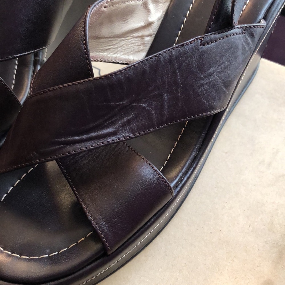 Coach Brown Leather Crisscross Wedge Sandals - Picture 3 of 6
